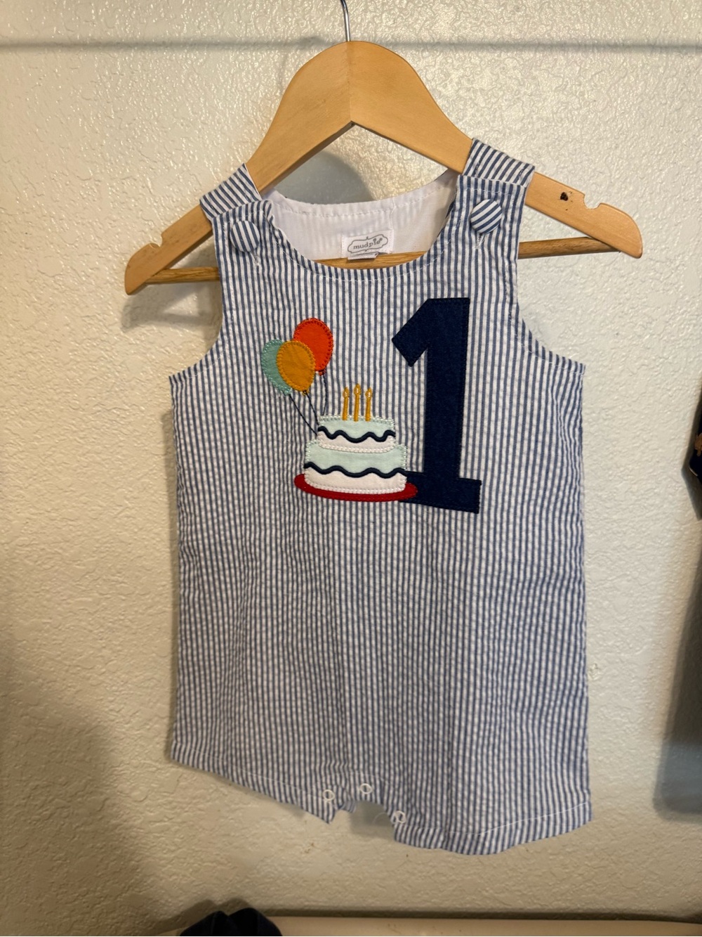 Mud Pie Blue and White Striped First Birthday Romper